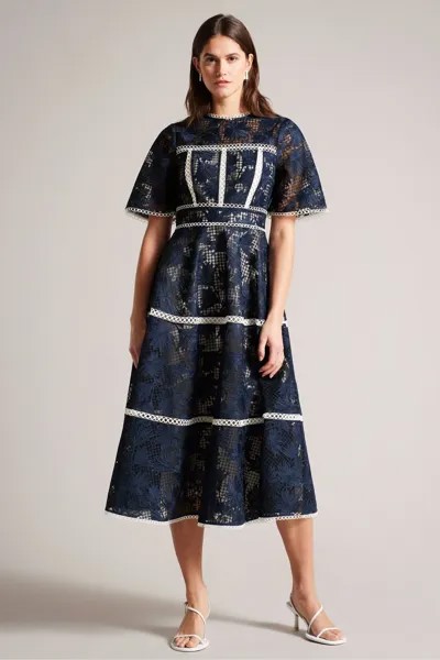 Рубиновое платье миди из расклешенного кружева Ted Baker, синий