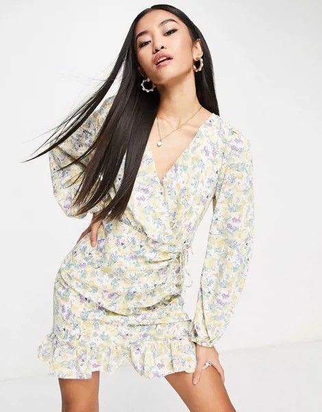 Платье мини с длинными рукавами, завязкой сбоку и цветочным принтом в винтажном стиле Love Triangle-Разноцветный
