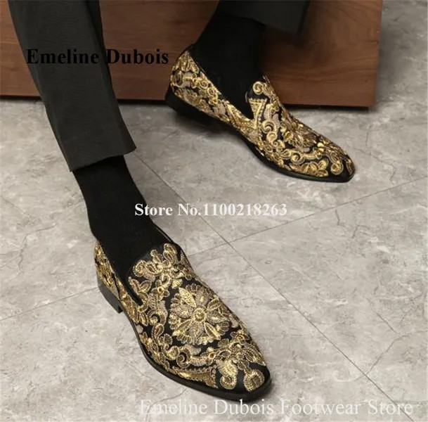 Новейшие мужские золотые Вышитые Мокасины Emeline duwood с круглым носком, печатные слипоны на плоской подошве, мужские туфли для отдыха и вечерин...