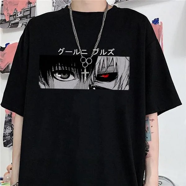 Япония Аниме Панк Токио Гуль Канеки Кен Печать Loose футболка Harajuku Случайный Cool Chic Мультфильм Streetwear Funimation женская рубашка