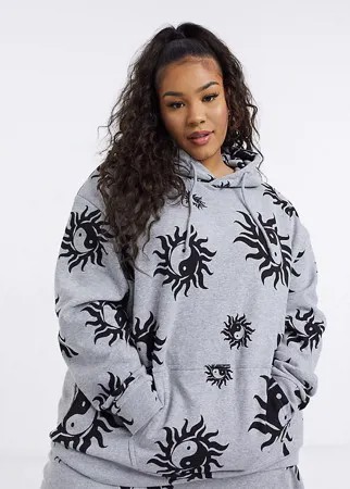 Худи в стиле oversized от комплекта со сплошным принтом инь и янь New Girl Order Curve-Серый