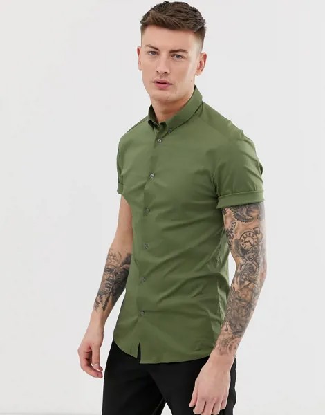 Облегающая поплиновая рубашка цвета хаки River Island-Зеленый