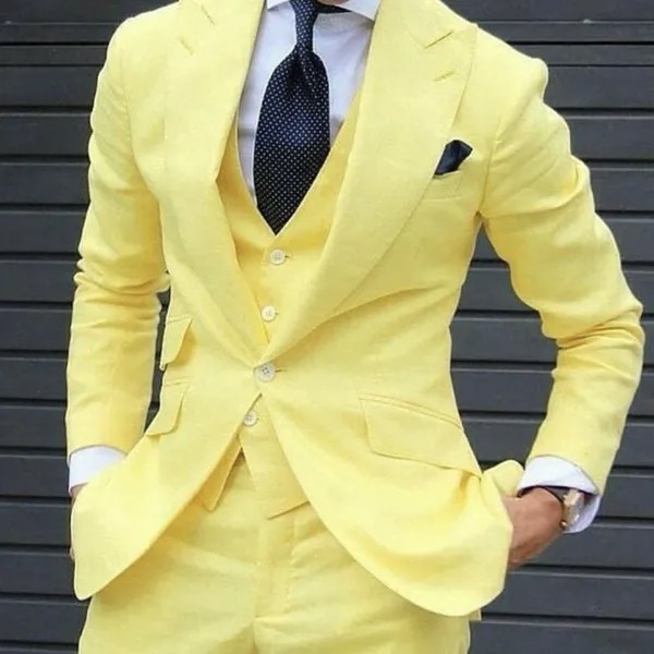 Желтые Свадебные смокинги, коричневая одежда для жениха, мужские костюмы, облегающий пиджак с заостренным лацканом для выпускного вечера, блейзер для жениха, брюки, жилет