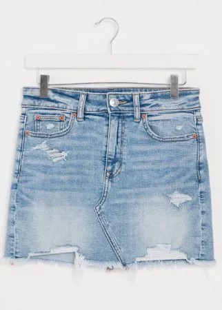 Состаренная джинсовая юбка с завышенной талией American Eagle-Синий