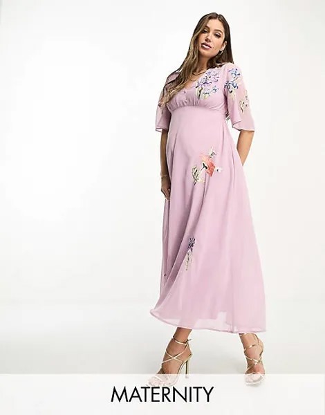 Сиреневое платье макси с глубоким вырезом спереди и вышивкой Hope & Ivy Maternity