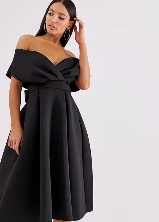 Вечернее платье миди черного цвета со спущенными плечами и поясом ASOS DESIGN-Черный
