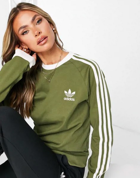 Лонгслив бойфренда цвета хаки с тремя полосками adidas Originals adicolor-Зеленый цвет