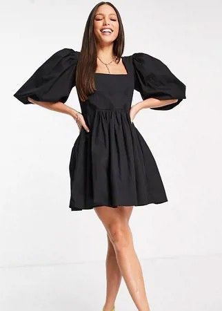 Черное платье мини с короткой расклешенной юбкой, корсетом и объемными рукавами In The Style Tall x Lorna Luxe-Черный цвет