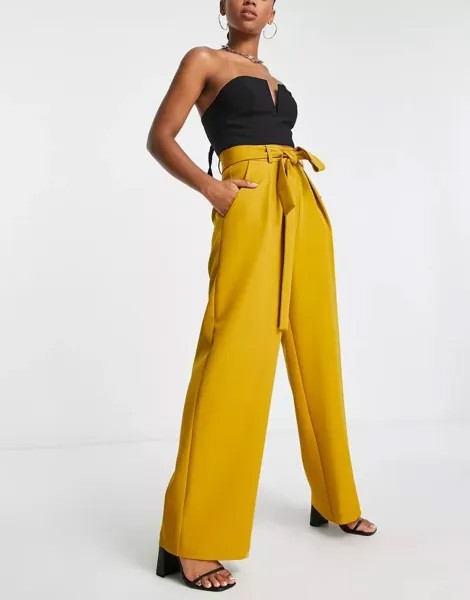 Горчичные широкие брюки с поясом ASOS