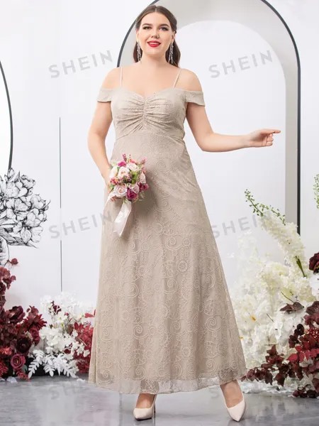 Платье для подружки невесты Belle Plus, с открытыми плечами, кружево Shein, хаки