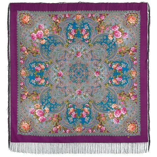 Платок Павловопосадская платочная мануфактура,146х146 см, розовый, бирюзовый