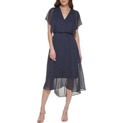 DKNY Женское темно-синее летнее платье макси с v-образным вырезом в горошек 10 BHFO 0908