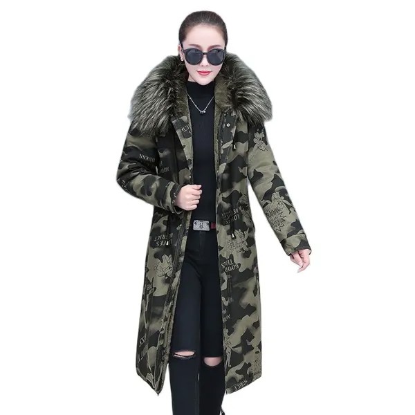 Женская зимняя камуфляжная куртка, длинная теплая парка с бархатной подкладкой, пальто, 4XlC1356, 2022