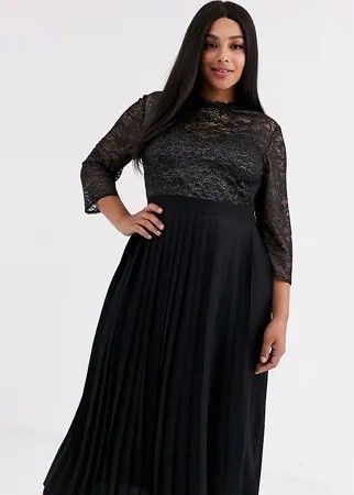 Черное плиссированное платье мидакси с кружевом металлик Little Mistress Plus-Черный
