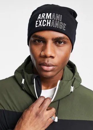 Черная шапка-бини с крупным логотипом Armani Exchange-Черный цвет