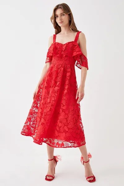 Кружевное платье миди с оборками и вырезом Bardot Coast, красный