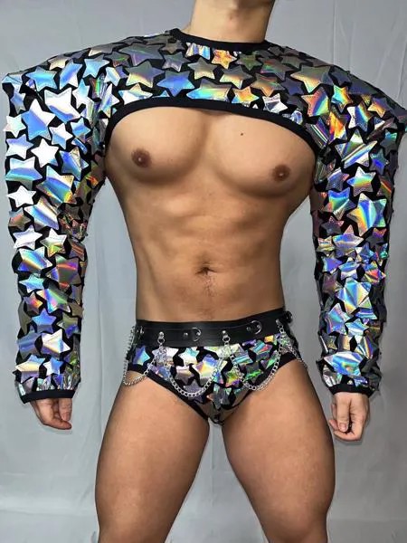Сексуальные модные мужские серебристые лазерные зеркальные Топы Шорты наряды для ночного клуба Бар мужской DJ певец блестящий набор для выступлений на сцене