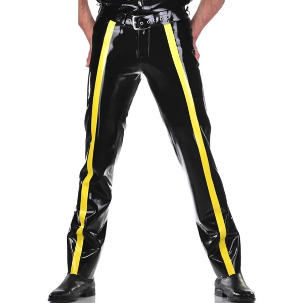 Черные и желтые полосы спереди сексуальные латексные джинсы с пуговицами молнии резиновые брюки