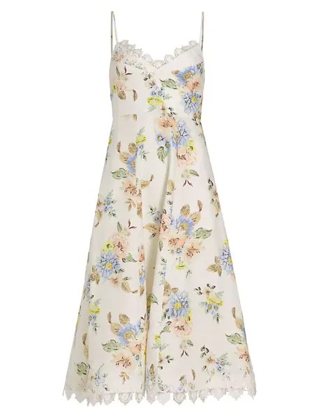 Льняное платье миди с цветочным принтом для пикника Zimmermann, синий