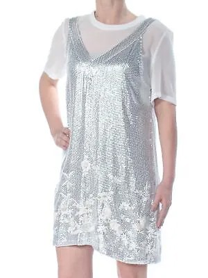 FRENCH CONNECTION Женское серебряное вечернее платье прямого кроя с круглым вырезом и пайетками 4