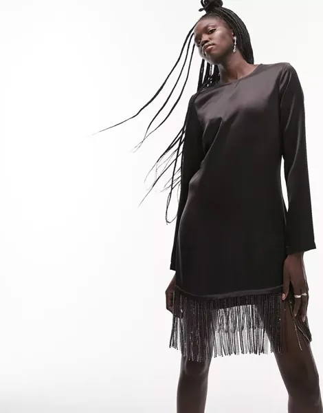 Черное платье миди с длинными рукавами и бахромой из стразов Topshop