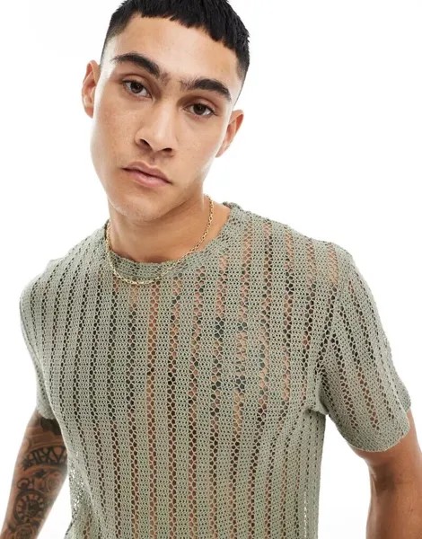 Связанная крючком футболка цвета хаки ASOS