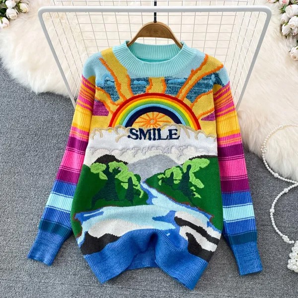 Осень/Зима корейский винтажный джемпер с круглым вырезом вышитыми манжетами вязаный свитер для ленивых