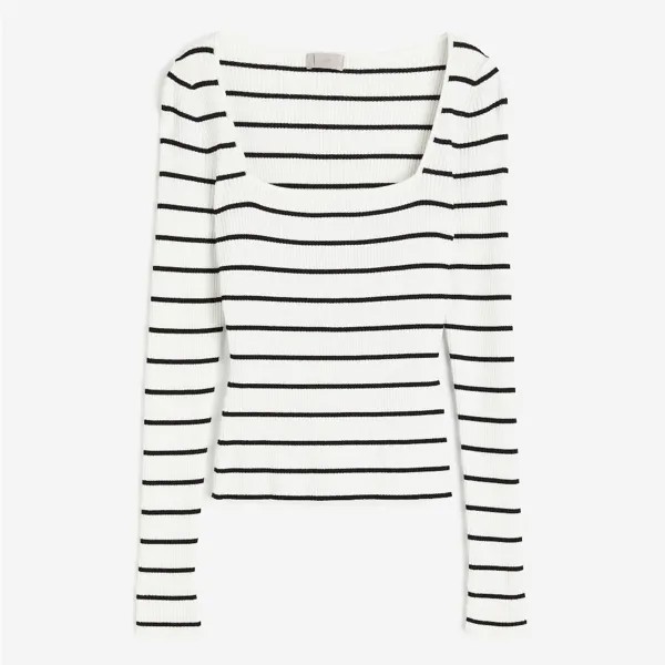 Лонгслив H&M Square-neck Rib-knit, белый/черный