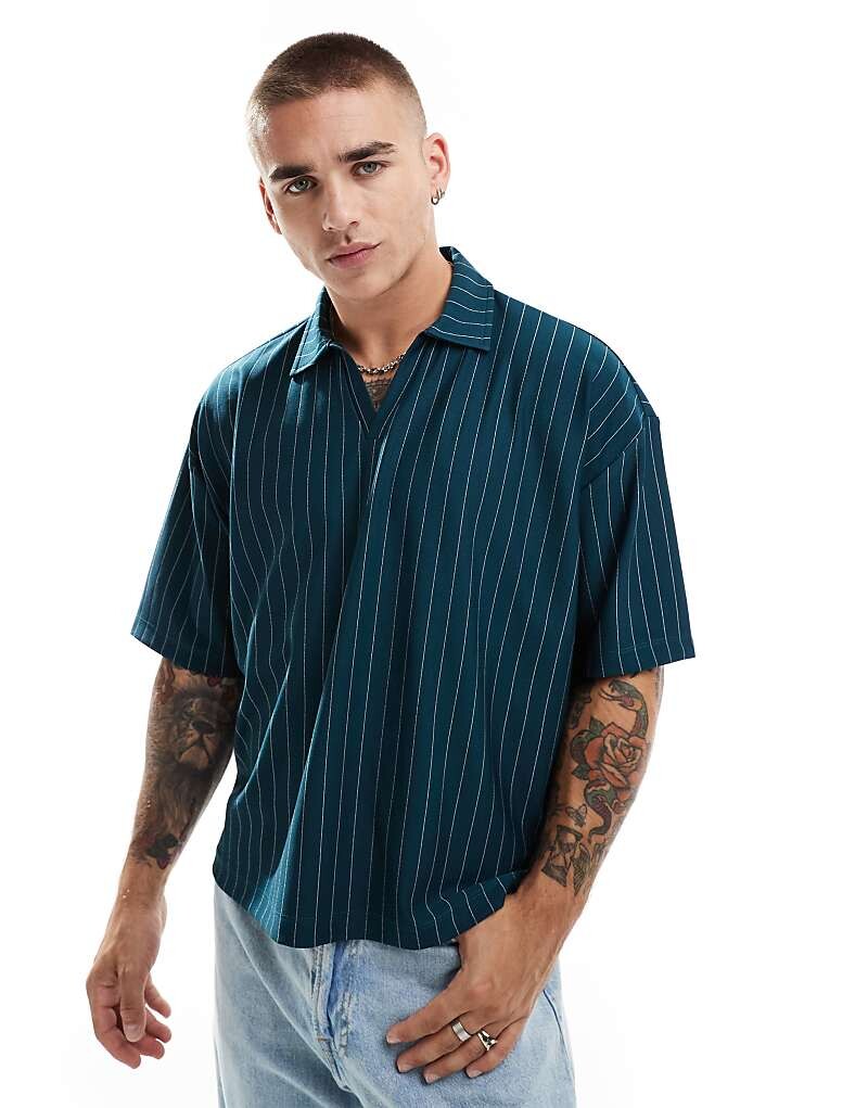 Зеленая рубашка-поло свободного кроя в тонкую полоску ASOS DESIGN