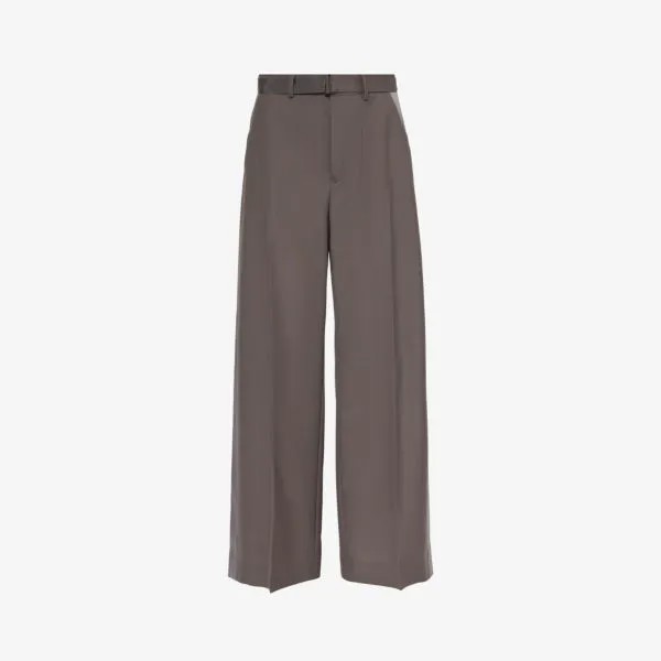 Прямые брюки с высокой талией и поясом из смесовой ткани с атласными полосками Sacai, коричневый