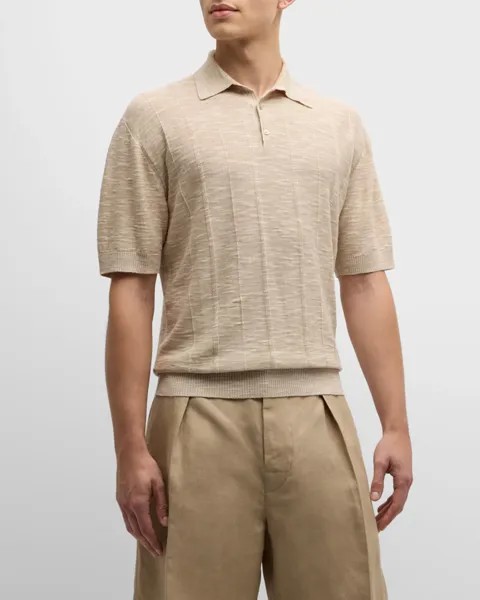 Мужская жаккардовая рубашка-поло Tori из льна и шелка Loro Piana, цвет Soft Beige Melange