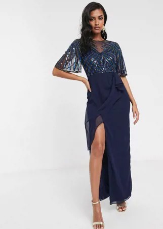 Темно-синее платье макси с прозрачным верхним слоем и сборками по бокам Virgos Lounge-Темно-синий