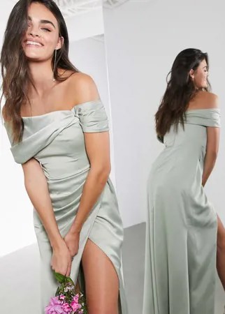 Атласное шалфейно-зеленое платье макси с запахом ASOS EDITION-Зеленый цвет