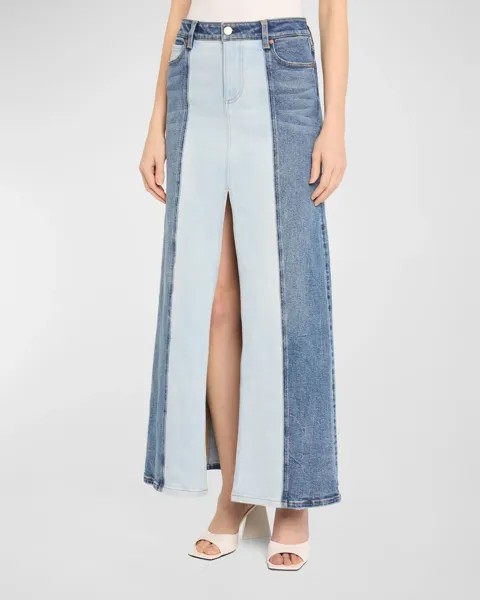Двухцветная джинсовая юбка Rye с низкой посадкой Alice + Olivia, цвет Brooklyn Blue/Georgi