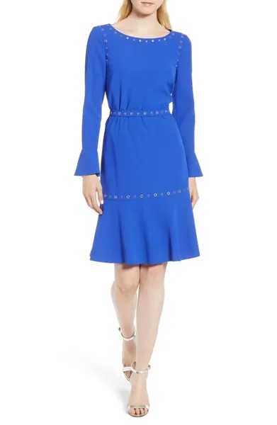 HUGO BOSS Кобальтово-синее металлизированное платье с люверсами HENRYKE Креповое платье с поясом и заклепками 6 S