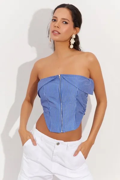 Женская блузка без бретелек в полоску и на молнии Saks-белая SF1561 Cool & Sexy, темно-синий