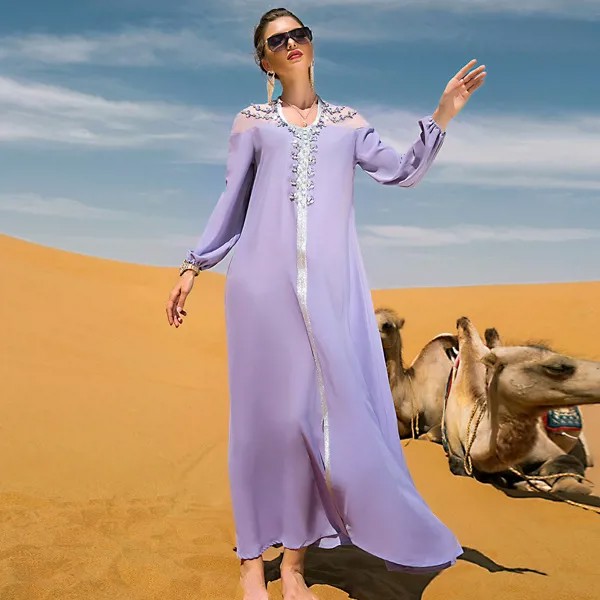 Элегантное фиолетовое платье стразы, Рамадан, кафтан, Дубай, абайя, Турция, ислам, пакистанское, мусульманское, арабское, длинное платье, каф...