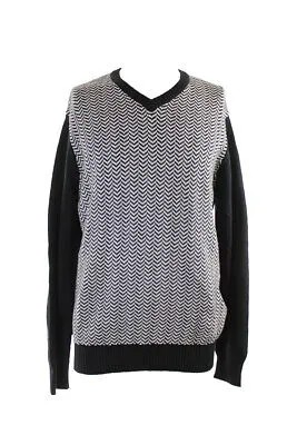 Geoffrey Beene Черный свитер с V-образным вырезом и интарсией спереди, M