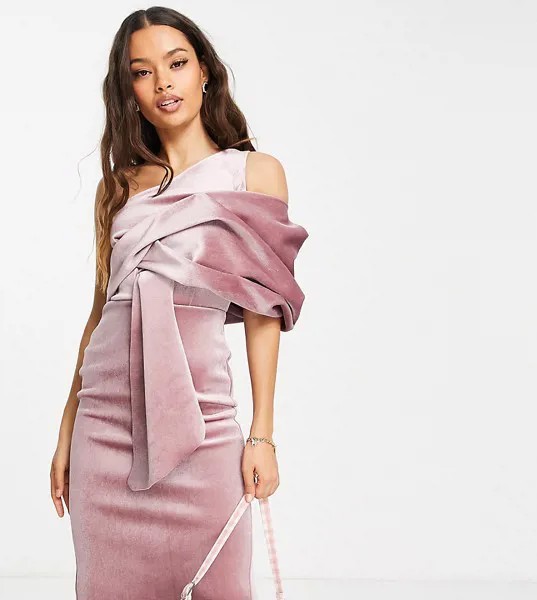 Розовое бархатное платье-футляр миди на одно плечо с драпировкой ASOS DESIGN Petite-Розовый цвет