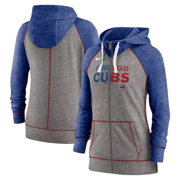 Женская худи Nike Heathered Charcoal/Royal Chicago Cubs с разрезом Wordmark Gym в винтажном стиле реглан с молнией во всю длину Nike