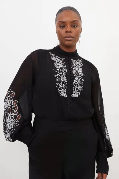 Тканая блузка больших размеров с вышивкой и нагрудником Karen Millen, черный