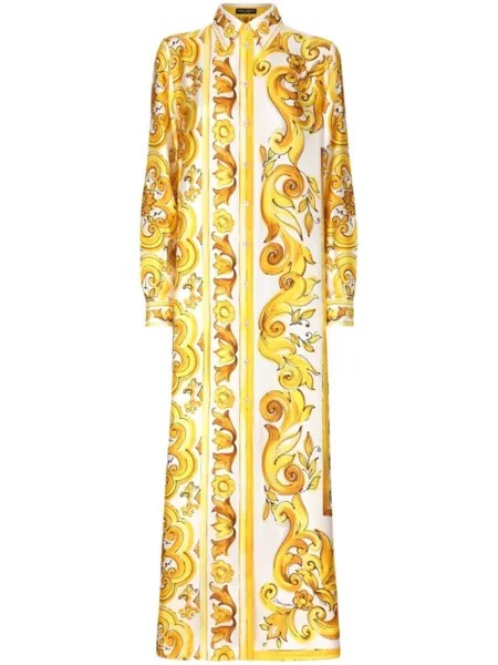Dolce & Gabbana шелковое платье с принтом Majolica, желтый