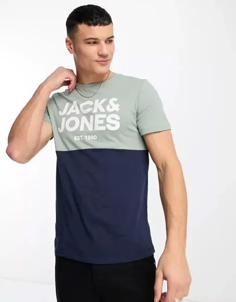 Бледно-зеленая и темно-синяя футболка в стиле колор-блок Jack & Jones