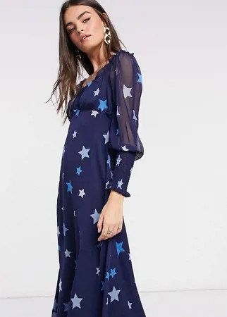 Платье миди с вырезом сердечком со звездным принтом в тон Neon Rose-Темно-синий