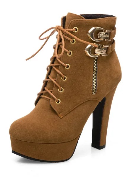 Milanoo Brown Ankle Boots Suede Platform Buckle Detail Lace Up High Heel Boots