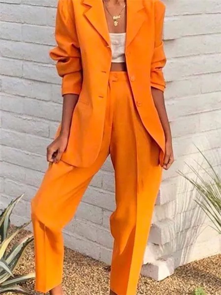 Костюм женский деловой оранжевый с лацканами, пиджак и брюки, формальный костюм со штанами, офисная униформа, стильные брюки