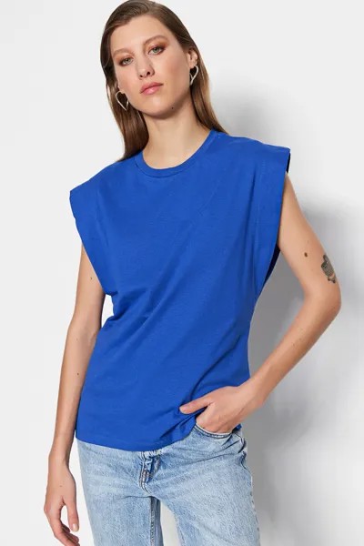 Темно-синяя базовая трикотажная футболка из 100% хлопкового вата с круглым вырезом Trendyol, синий