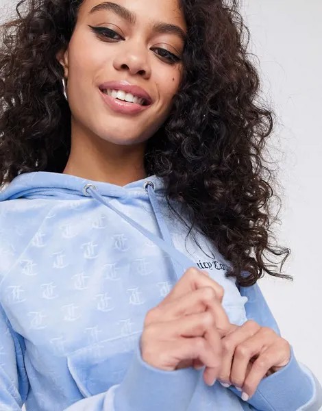 Худи синего цвета из велюра с тиснением Juicy Couture-Синий
