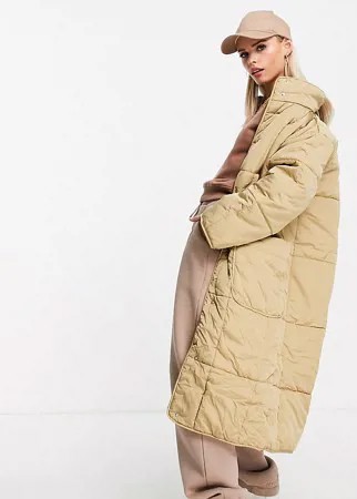 Бежевое удлиненное пальто макси с квадратной стеганой отделкой ASOS DESIGN Petite-Светло-бежевый цвет