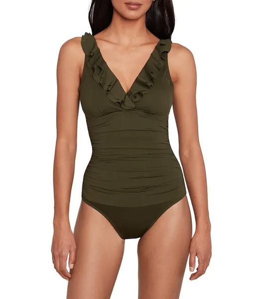 Lauren Ralph Lauren Beach Club Однотонные купальники на косточках с рюшами и V-образным вырезом Цельный купальник, зеленый